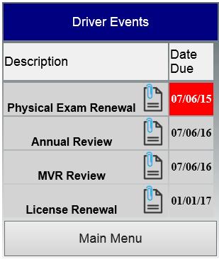 Page 15 Driver Events Clicking Driver Events from the main menu will display a list of your regularly recurring events similar to that shown on the right.