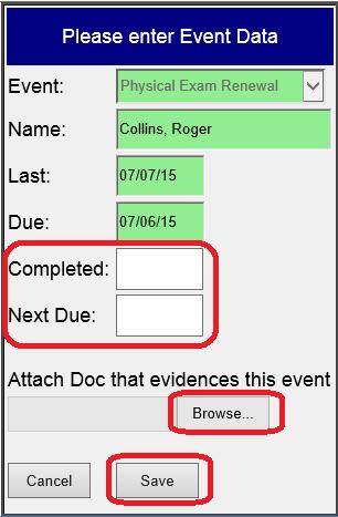 Updating an Event If you have completed an event, such as a physical and have the paperwork necessary to document that you had the physical, click on the document icon (with paperclip) next to that