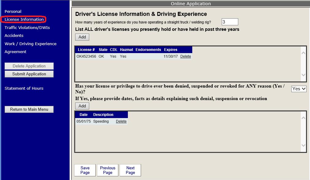 Driver s License Information & Driving Experience A completed License Information Section is shown