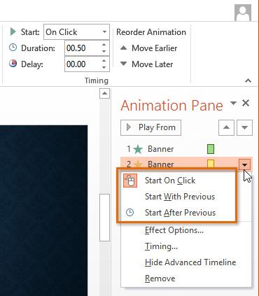 3. Select the desired start option. When you preview the animations, all of the effects will play through automatically.