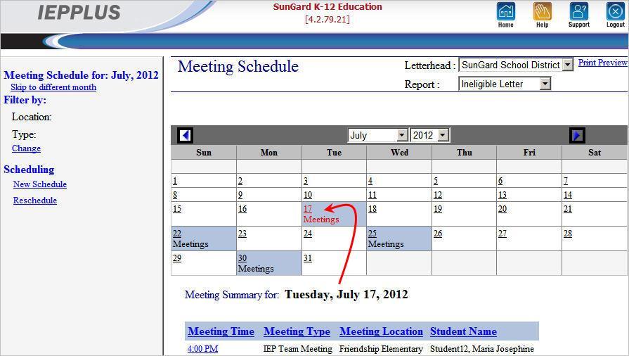 The Current Date will be highlighted in red font, and any meetings scheduled for that day will be listed. Click any Date on the calendar to look at meetings for another day.