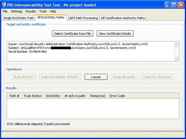 Figure 19 All End Entity Paths panel (operation in progress) To stop processing prematurely, click the Cancel button. To stop a path processing operation immediately, click the Cancel button twice.