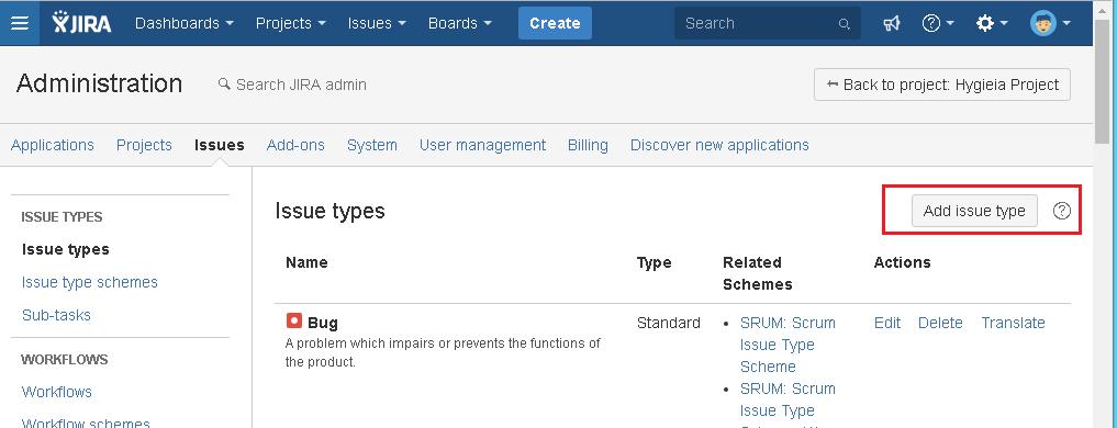 We can also create our own custom Issue types based on our project needs and add them to the Issue type scheme of the