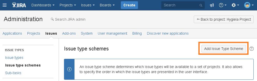 3.In the next Screen it will show the all the Issue types. 4. There are two types of Issue type scheme in JIRA. They are, I.