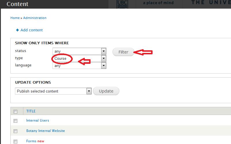 Clicking Manage Contents brings you to the Manage Contents screen. Select Course from the drop-down list at the Type field and click Filter.