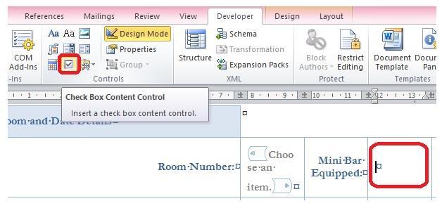 Click OK to close the Content Control Properties dialog box. Next content control is the Check Box.