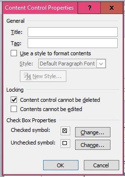 right:- Click on Properties to reveal the Content Control Properties dialog box, as shown in the example to the right:- You