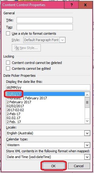 Click on Properties to reveal the Content Control Properties dialog box, as shown in the example to the right:- Select an appropriate date format
