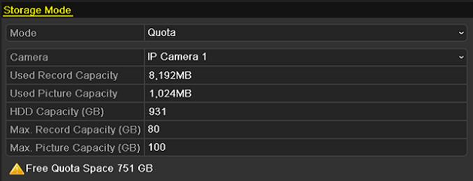 10.5 Configuring Quota Mode Purpose: Each camera can be configured with allocated quota for the storage of recorded files or captured pictures. 1. Enter the Storage Mode interface.