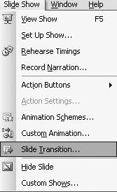 Slide Transitions -In PowerPoint you can control the way slides will arrive on-screen -To add transitions to your presentation, choose Slide Transition from