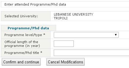6.1.1.2) When you insert a new study title, if your University is already in our databases but your study title is not listed, click on the button Programme/Phd not