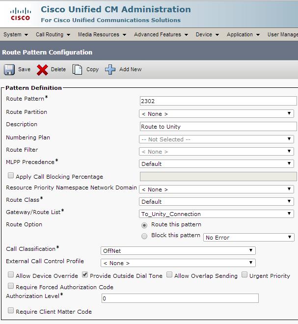 58 Route Pattern to Cisco Unity Connection Provide a voice mail pilot number in the Route Pattern field.