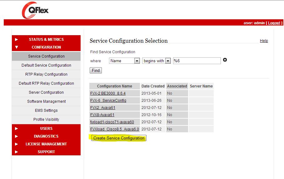 61 4.1 Create New Service Configuration Create a new service configuration by selecting Configuration > Service Configuration from the QFlex menu and
