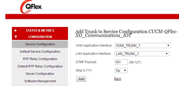 75 Figure 5 - Trunk Definitions Reference both the WAN and LAN application interfaces created earlier. Declare a DTMF payload ID of 101.