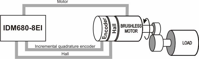 Position, speed or torque control of a brushless DC rotary motor with digital Hall sensors and an incremental quadrature encoder on its shaft.