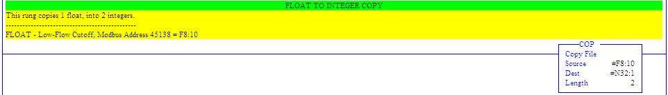 The example ladder and copy instruction below shows one floating point value being copied to an integer for a count of 2.
