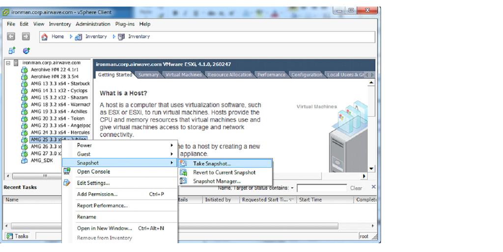 Figure 3 Taking a virtual machine snapshot prior to a system update. Figure 4 Taking a virtual machine snapshot The snapshot can be removed after the upgrade to free up space on the VM host.