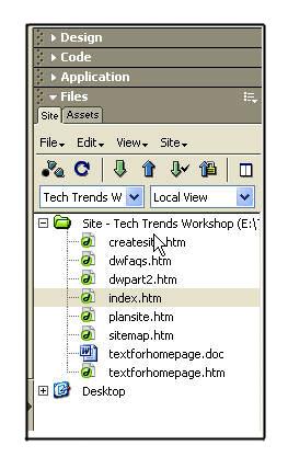 5. The file names of all the pages in your web site now appear in the Site Panel. If the site Pane does not display, click Window > Site Panel to activate it. See Figure 33 below.