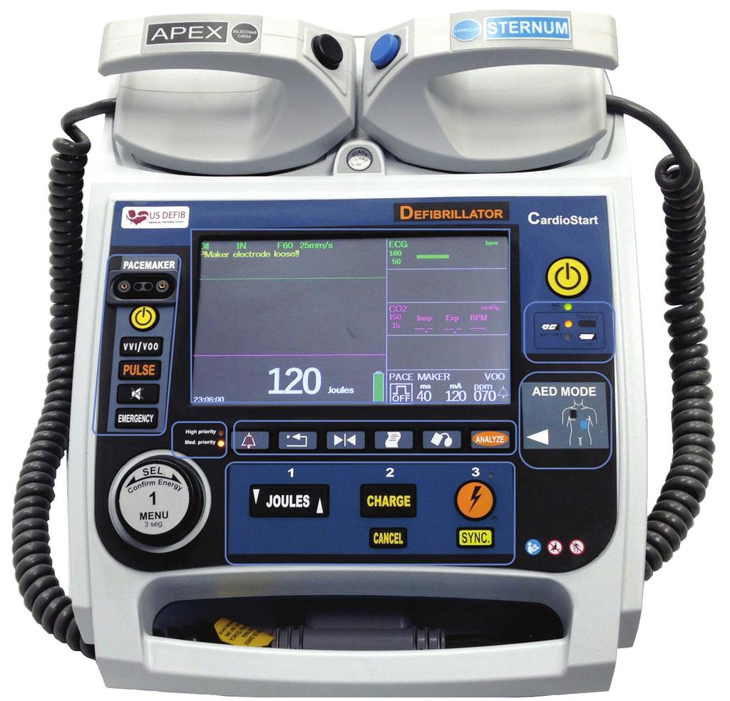 Lightweight, portable, easy to carry during emergency cardiac arrest 3 4 1 2 1 2 3 4 Monitor NEW 7 High Definition Colored liquid crystal display - LCD for viewing the ECG, Pacemaker, AED mode,
