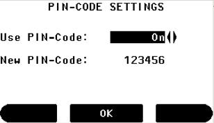 Example of a PIN code settings screen OK To accept settings.