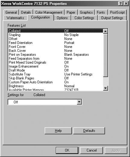 2 Operation with Windows 95/98/Me Configuration Tab Settings This section describes the settings of the Configuration tab.