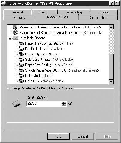 3 Operation with Windows NT 4.0 To view the Device Settings or Configuration tabs, select the printer icon in the Printers window, then click Properties on the File menu.