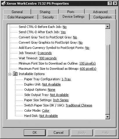 4 Operation with Windows 2000, Windows XP and Windows Server 2003 Device Settings Tab Settings This section describes Installable Options in the Device Settings tab.