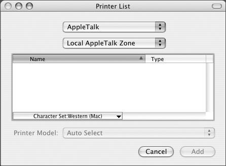 5 Operation on Macintosh Computers 4. When the Printer List screen opens, click [Add]. 5. Select the protocol used to connect the printer. When using AppleTalk 1.