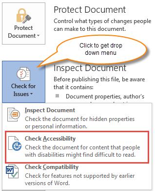 Accessibility Checker To check your document for accessibility, select File on the Home Ribbon, and then click on the Inspect Document icon, which says, Check for Issues.