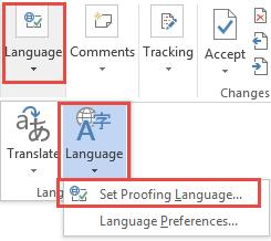the Review ribbon, select Language and then Language