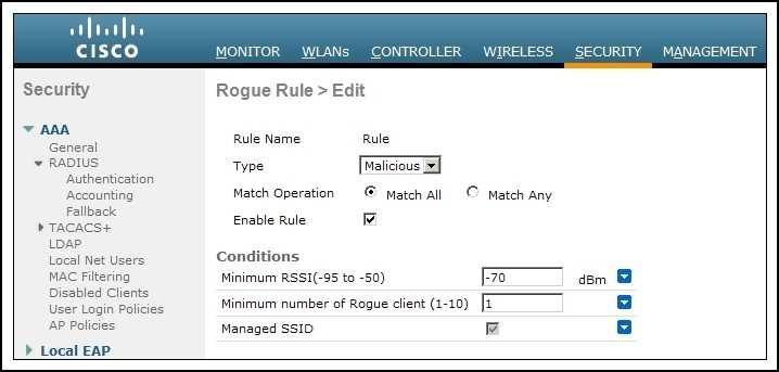 "Pass Any Exam. Any Time." - www.actualtests.com 44 Cisco 642-737 Exam A WLAN with the SSID "Enterprise" is configured. Which rogue will be marked as malicious? A. a rogue with no clients, broadcasting the SSID "Enterprise" heard at -50dBm B.