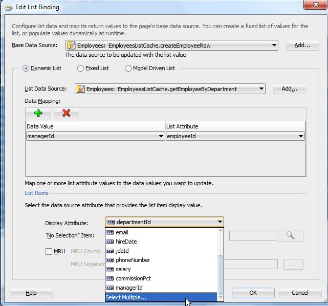 Like before, you use the Edit List Binding dialog to map the select list attribute to