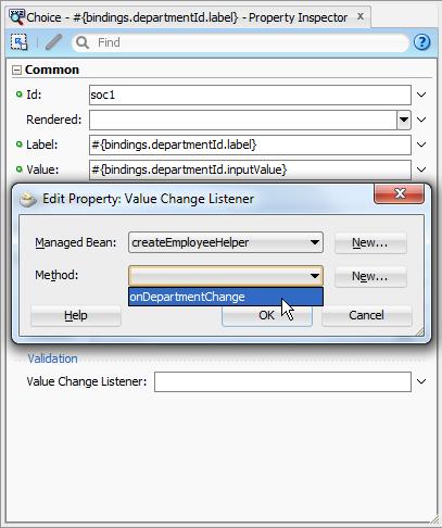 Navigate to the input field Value Change Listener property and press the arrow icon at the end to create the managed bean