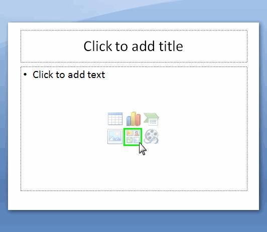 Note If you selected a slide layout with a placeholder for graphics, click on the Insert Clip Art icon that appears in the Click icon to add content area of the slide.