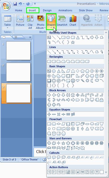 Drawing a Shape 1. Click on a shape button in the Shapes dropdown menu. The mouse pointer changes to a crosshair. 2. Place the mouse pointer where you would like the shape to begin. 3.