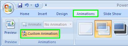 Creating Custom Animations You can create custom animations to specify exactly what you want to animate and how it should be done. 1. Select the slide which you want to apply the animation to. 2.