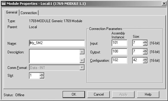 CompactLogix Example Ladder Programs 7-3 The I/O configuration in RSLogix 5000 for the Single mode example program is: