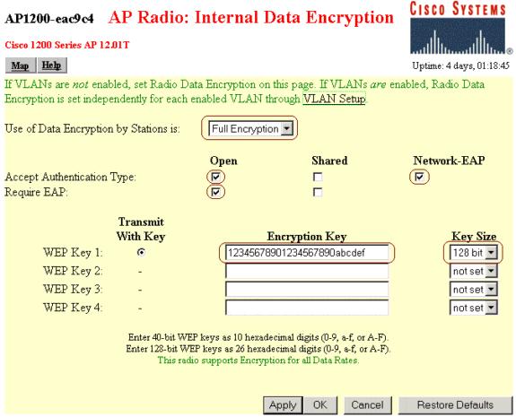 Enter an encryption key and set the key size to 128 bit to be used as a broadcast key. When you are finished, click OK.