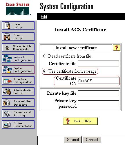 1. Open a web browser and browse to the ACS server by entering http://acs ip address:2002/ in the address bar. Click System Configuration, and then click ACS Certificate Setup. 2.