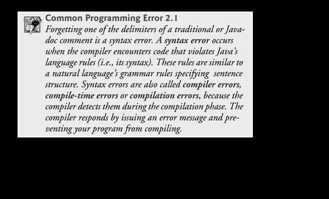 } Comments // Fig. 2.1: Welcome1.java // indicates that the line is a comment. Used to document programs and improve their readability. Compiler ignores comments.