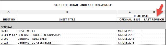 Adding Last Revision (Globally) In the ARCHITECTURAL - INDEX OF DRAWINGS schedule you will see LAST REVISION for the last column.