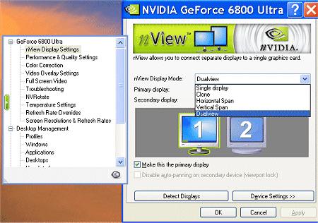 Chapter 4 Using nview Multi-Display Settings Figure 4.2 nview Multi-Display Mode Windows XP/2000. nview display modes current setting is Dualview Dualview mode (Figure 4.2, Figure 4.3, and Figure 4.