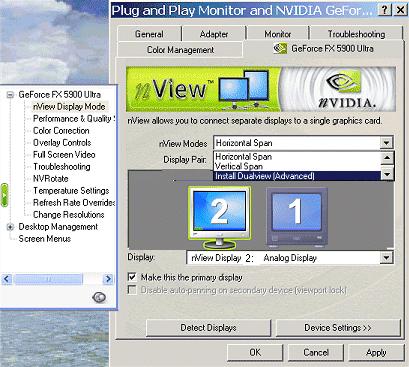 Chapter 4 Using nview Multi-Display Settings Initial Installation of nview Dualview Mode Windows 2000 Note: When you start Windows 2000 with an NVIDIA GPU based multi display graphics card (or