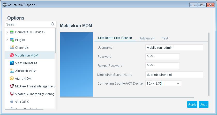 MobileIron Server Name Verify that the MDM server is accessible to the CounterACT Appliance. To specify a port for communication with the server, use the format: <server_name>:<port> For example: de.