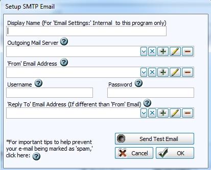 Chapter 5 - Reprts/Exprt The Setup SMTP Email screen pens, which stres the settings that make it pssible fr yu t email peple ut f the database: Display name (Fr Email Settings: Internal t this prgram