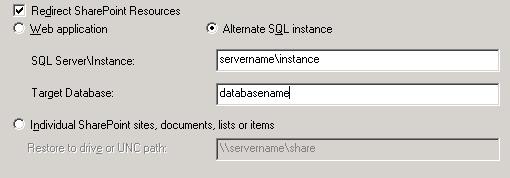 9 Click Redirect SharePoint Resources. 10 Select Alternate SQL Instance.