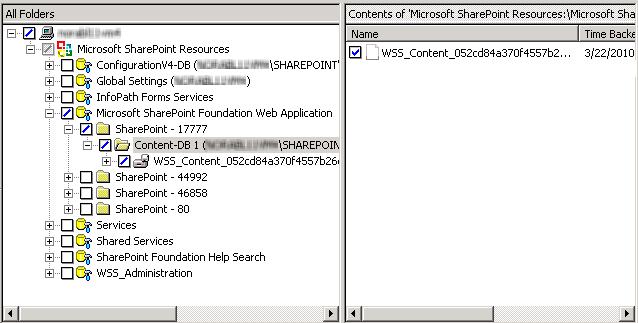 Performing backups and restores of SharePoint Server and SharePoint Foundation About restores of SharePoint Server and SharePoint Foundation 86 9 In the Contents of pane, check the checkbox for the