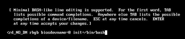 The following screen shows the default line. 7. Modify the line by erasing quiet and adding init=/bin/bash. 8. Press Enter to display a command line prompt. 9. Enter mount -o remount,rw / 10.