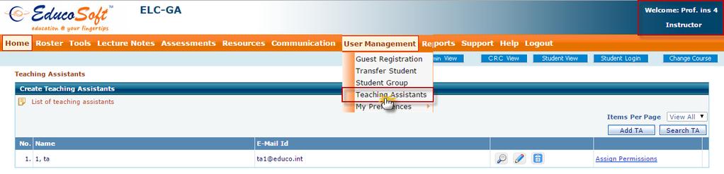 You can view TA Profile by clicking on View Profile link and Sections assigned, by clicking on View Section Details link.