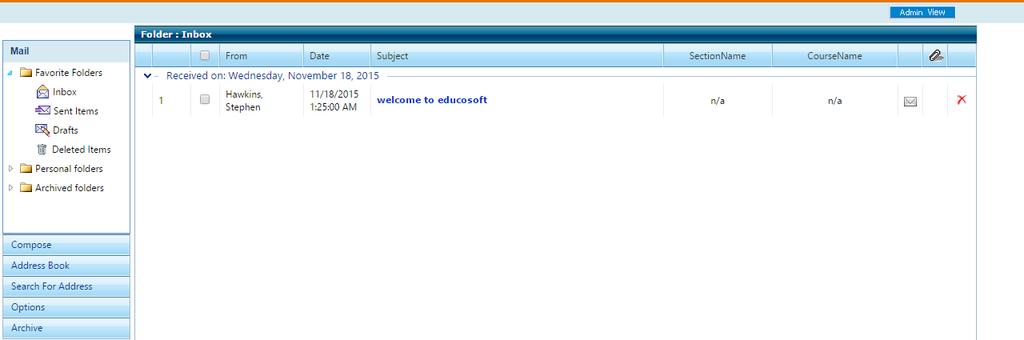 Internal Mail, as shown User will be navigated to internal mail page, default view would be Inbox, All the incoming mails